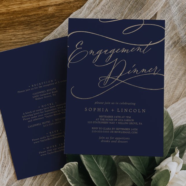 Romantic Navy Front and Back Engagement Dinner Invitation (Creator Uploaded)