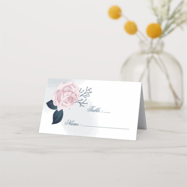 Romantic Navy leaves & pink flower Place Card (Front)