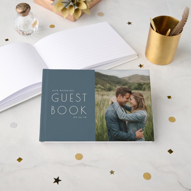 Romantic Navy Minimalist Photo Guest Book (Front Open)