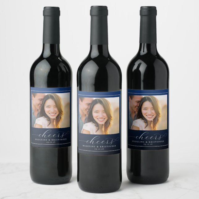 Romantic Navy Modern Photo Wine Label (Bottles)