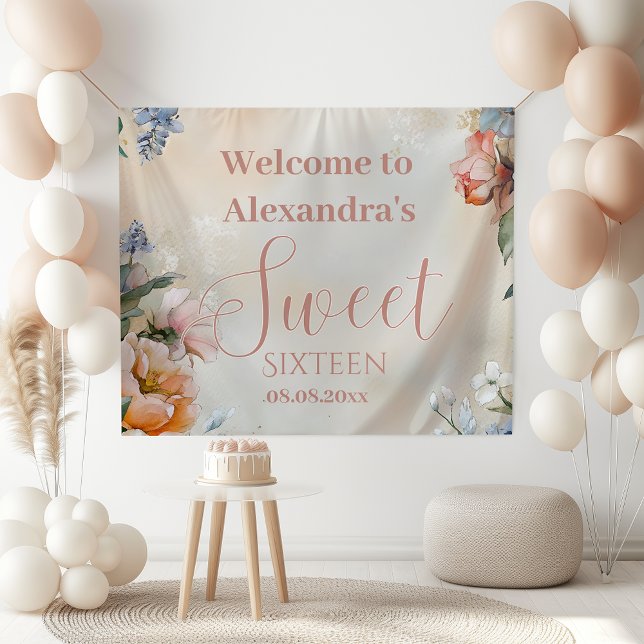 Romantic Navy Pastel Wildflowers Sweet 16 Banner (Creator Uploaded)