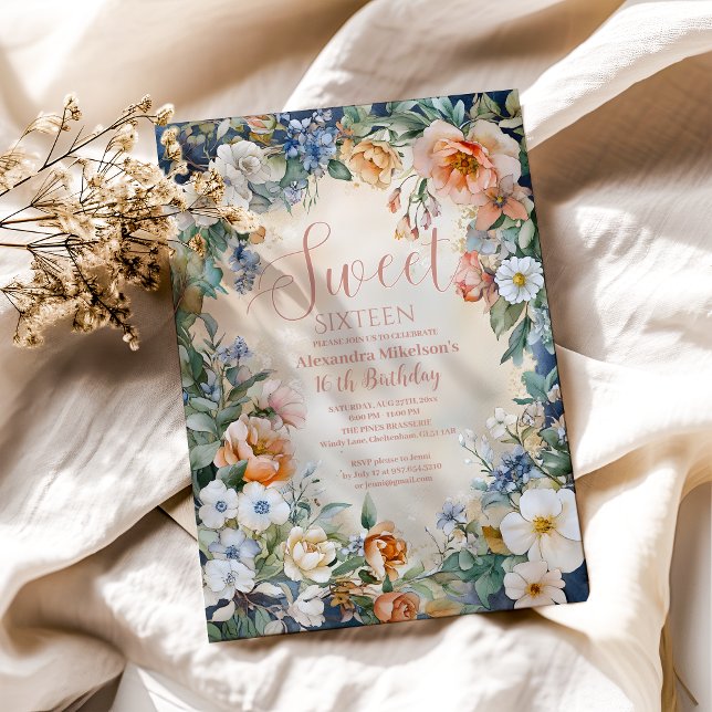Romantic Navy Pastel Wildflowers Sweet 16 Invitation (Creator Uploaded)