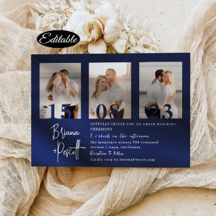 Romantic Navy Photo Collage Wedding Invitation