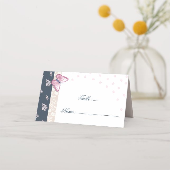 Romantic Navy & pink butterflies floral Place Card (Front)