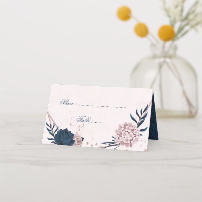 Romantic Navy & pink flowers Place Card (Front)
