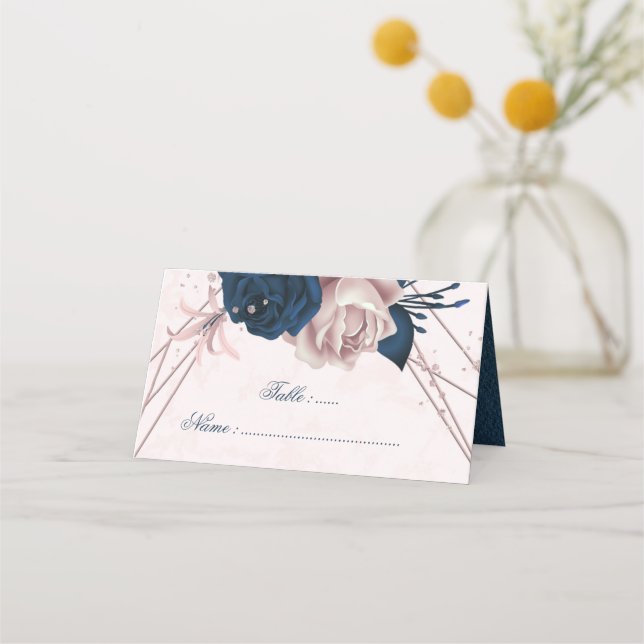 Romantic Navy & pink flowers Place Card (Front)