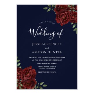 Romantic Navy & Red Rose Wedding Invite