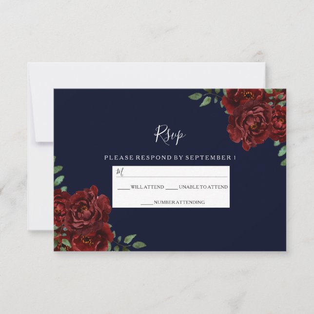 Romantic Navy & Red Rose Wedding RSVP Card (Front)