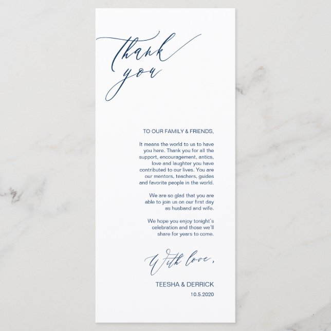 Romantic Navy Script Place Setting Thank You Card (Front)