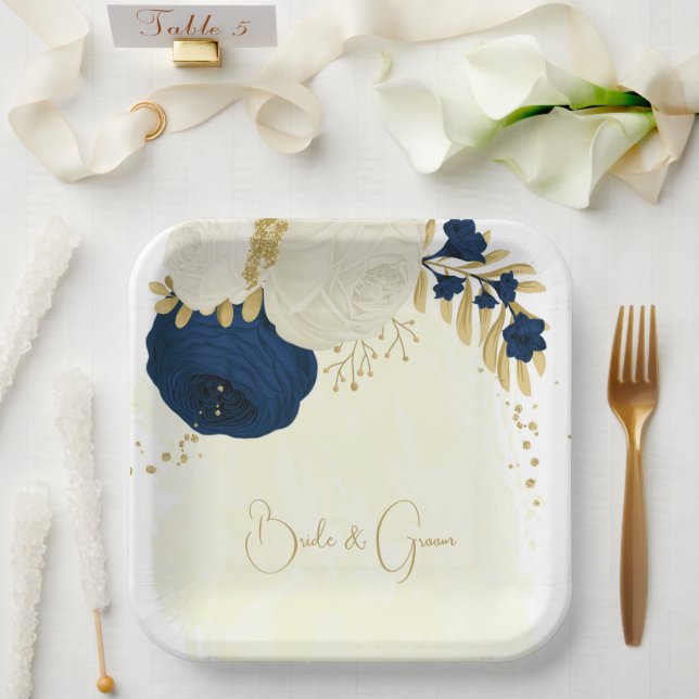 Romantic navy & white flowers gold paper plate (Wedding)