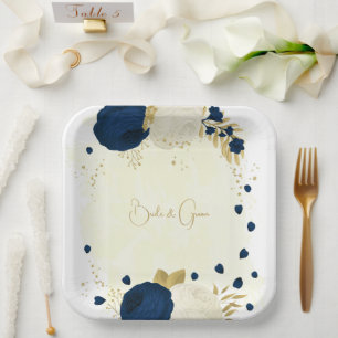 Romantic navy & white flowers gold paper plate