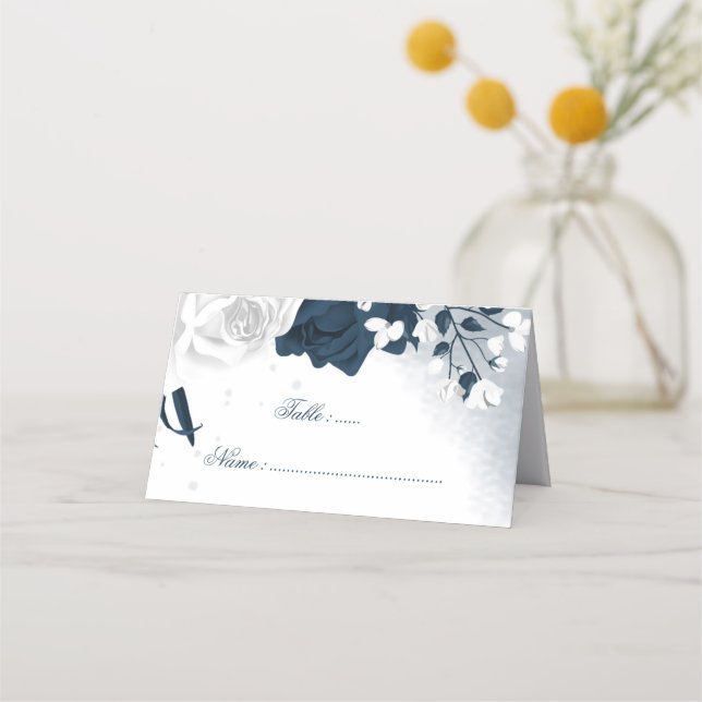 Romantic Navy & white flowers  Place Card (Front)