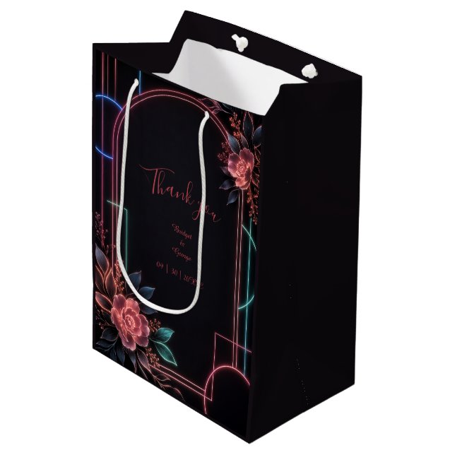 Romantic Neon Floral Wedding Arch Glow Medium Gift Bag (Front Angled)