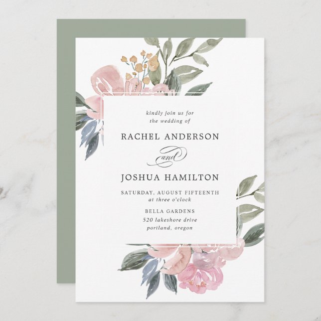 Romantic Neutral Blush Watercolor Floral | Wedding Invitation (Front/Back)