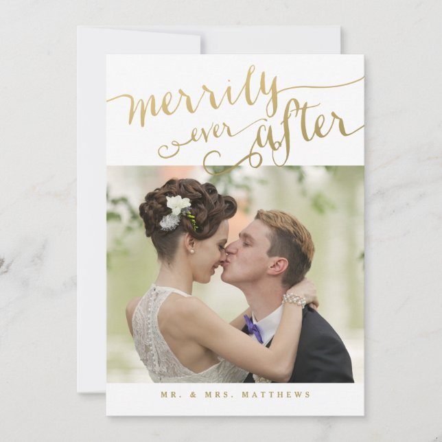 Romantic Newlyweds Gold Script Holiday Photo Card (Front)