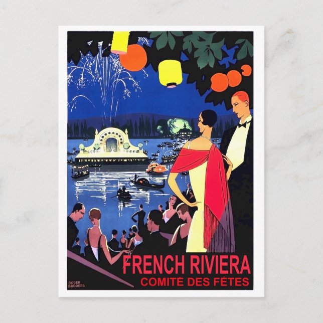 Romantic night at french riviera, vintage travel postcard (Front)