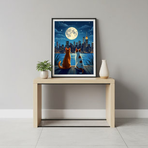 Romantic night cityscape cats moonlight poster