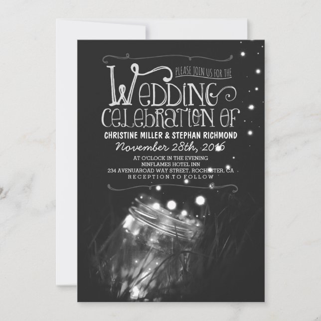 Romantic night lights mason jar wedding invite (Front)