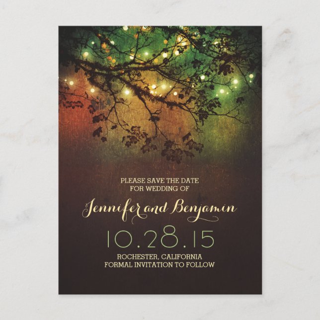 romantic night lights rustic save the date announcement postcard (Front)