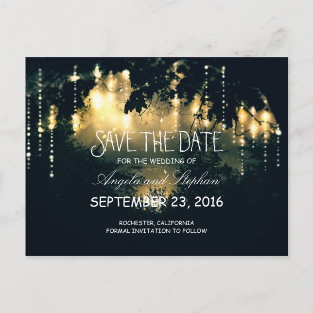 romantic night lights rustic save the date announcement postcard (Front)