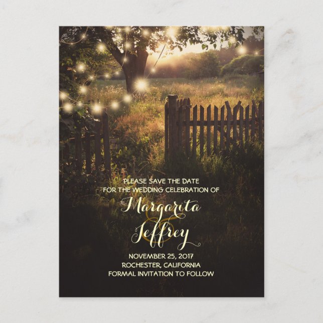 romantic night lights rustic save the date cards (Front)