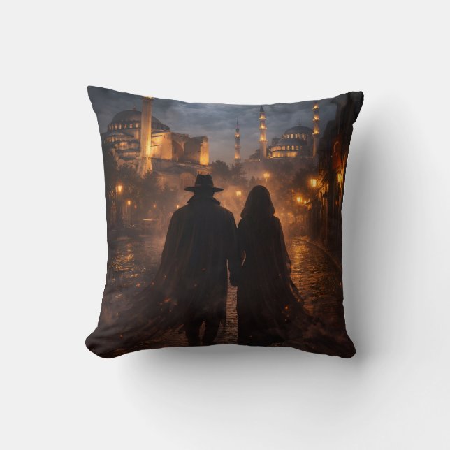 Romantic Night Walk at Hagia Sophia & Blue Mosque Throw Pillow (Front)