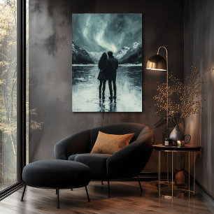 Romantic Northern Lights - Charcoal Art Poster