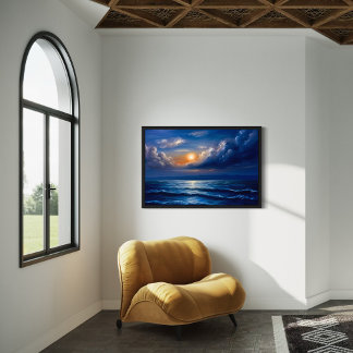Romantic Ocean Sunset Painting – Blue Seascape Canvas Print