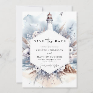 Romantic Oceanic Waves Lighthouse Wedding Save The Date