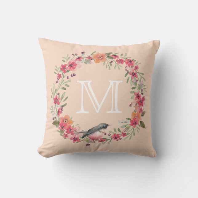 Romantic Oleander Bird Pink Floral Monogram Throw Pillow (Front)