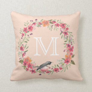 Romantic Oleander Bird Pink Floral Monogram Throw Pillow