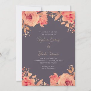 Romantic Orange Roses Summer Smoke Grey Wedding Invitation