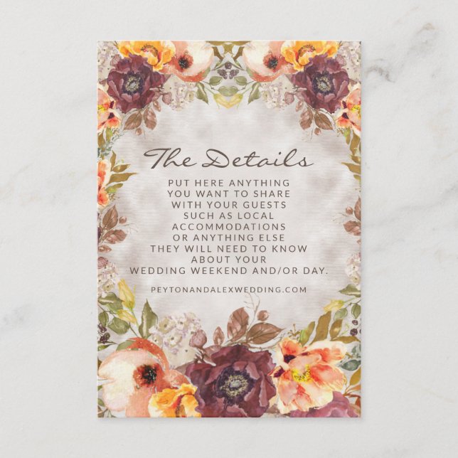 Romantic Orange Rust Cream Autumn Floral Details Enclosure Card (Front)