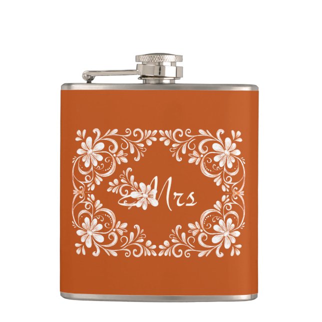 Romantic Orange Shabby Chic Mrs Wedding Flask (Front)