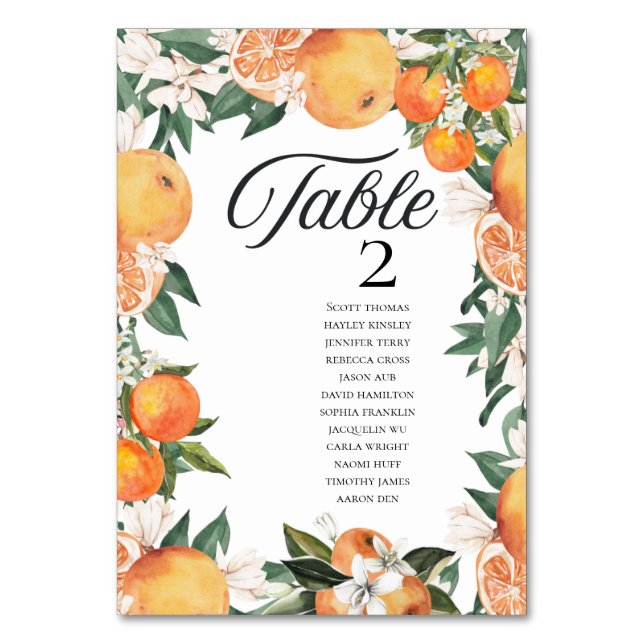 Romantic Oranges Wedding Names Table Number (Front)
