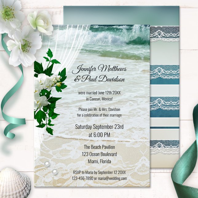 Romantic Orchid Floral Beach Wedding Reception Invitation (After wedding invitation showing orchid flowers on a veil on a beach with lace and pearls)
