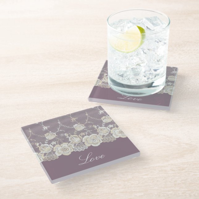 Romantic Orchid Purple Floral Love Glass Coaster (Angled)