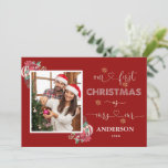 Romantic Our 1st Christmas As Mr. & Mrs. Photo  In Invitation<br><div class="desc">Luxury design featuring  modern and unique "our first christmas as mrs.and mr" typography,  watercolor Christmas arrangement (holly berries,  mistletoe,  Christmas balls),  faux gold snowflakes,  your photo on a red background. Use Personalize tool to add your info and your photo. For more ideas,  please,  visit my Sparkling Christmas Collection.</div>