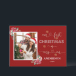 Romantic Our 1st Christmas As Mr. & Mrs. Photo  In Invitation<br><div class="desc">Luxury design featuring  modern and unique "our first christmas as mrs.and mr" typography,  watercolor Christmas arrangement (holly berries,  mistletoe,  Christmas balls),  faux gold snowflakes,  your photo on a red background. Use Personalize tool to add your info and your photo. For more ideas,  please,  visit my Sparkling Christmas Collection.</div>