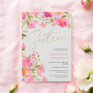 Romantic Painted Pink Floral grey Sweet 16 Invitation
