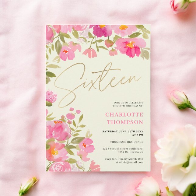 Romantic Painted Pink Floral ivory Sweet 16 Invitation (Romantic Painted Pink Floral ivory Sweet 16 Invitation)