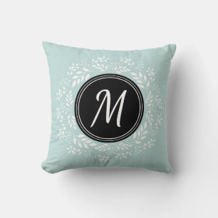 Romantic Pale Blue Floral Black Custom Monogram Throw Pillow