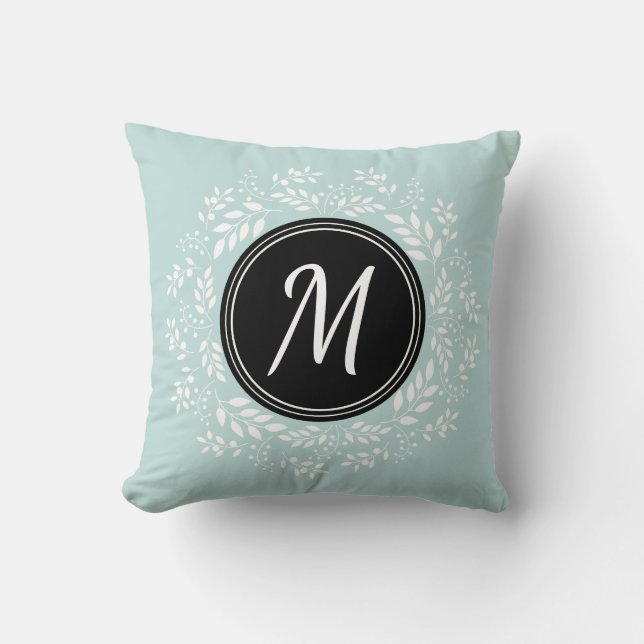 Romantic Pale Blue Floral Black Custom Monogram Throw Pillow (Front)