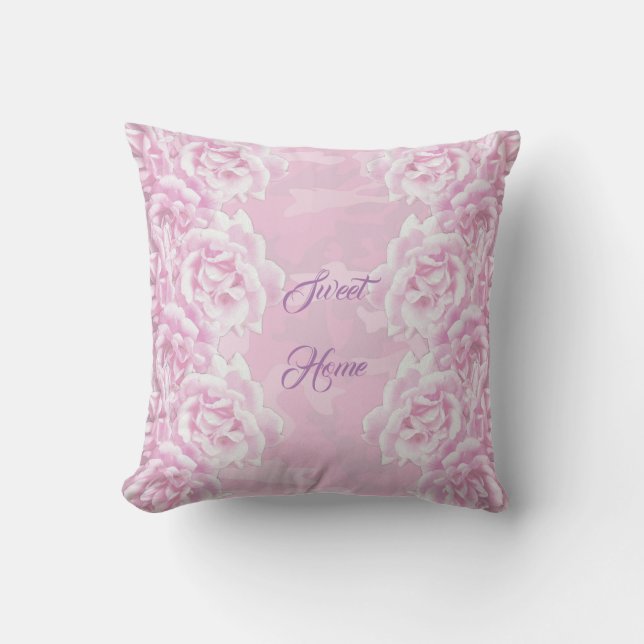 Romantic pale pink roses on pink camouflage  throw pillow (Front)