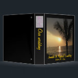 Romantic Palm Tree Beach Sunset Photo Album Binder<br><div class="desc">This photo album shows the setting sun creating a golden sky,  shining across the ocean behind a palm tree. The binder spine has a template area to customize with a photo of the bride and groom.</div>