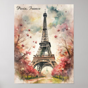 Romantic Paris Eiffel Tower Watercolor Floral Poster