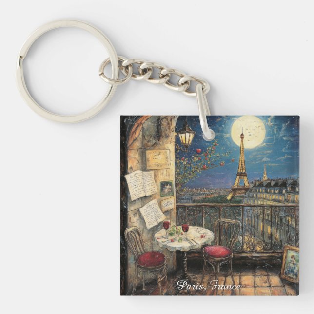 Romantic Paris France Eiffel Tower Illustration Keychain (Front)
