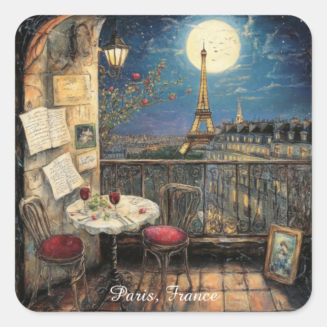 Romantic Paris France Eiffel Tower Illustration Square Sticker (Front)