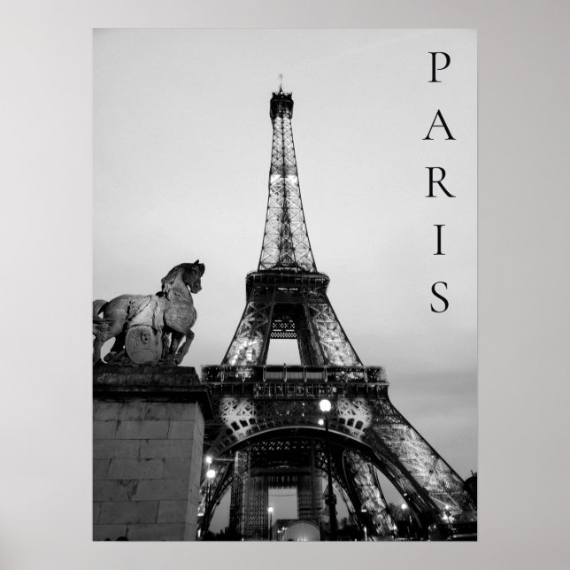 Romantic Paris Lit Up Eiffel Tower Black White Poster (Front)