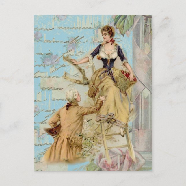 Romantic Paris Lovers Shabbychic blue Postcard (Front)
